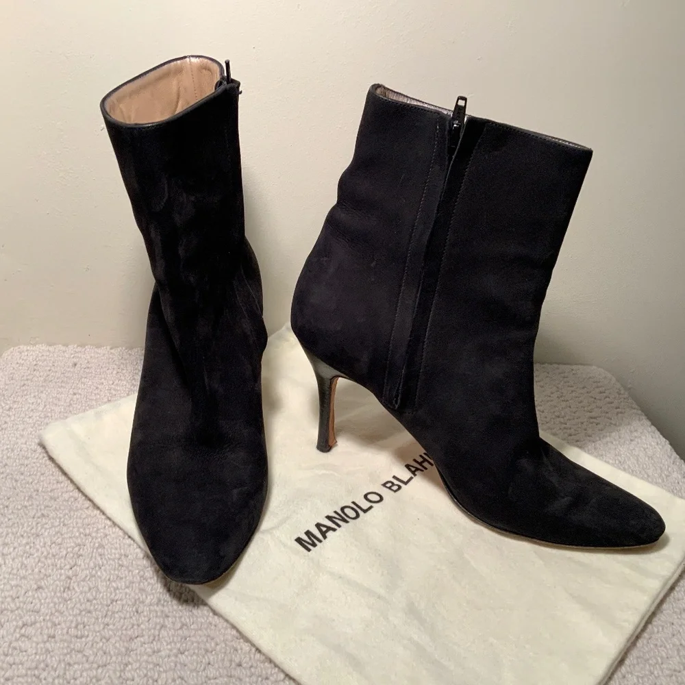 Manolo Blahnik Black Suede Bootie - Picture 1 of 6